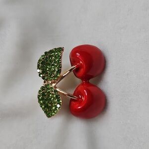 Women's Red Green Cherries Brooch Pin Rhinestone Fruit Stylish Trendy NWOT